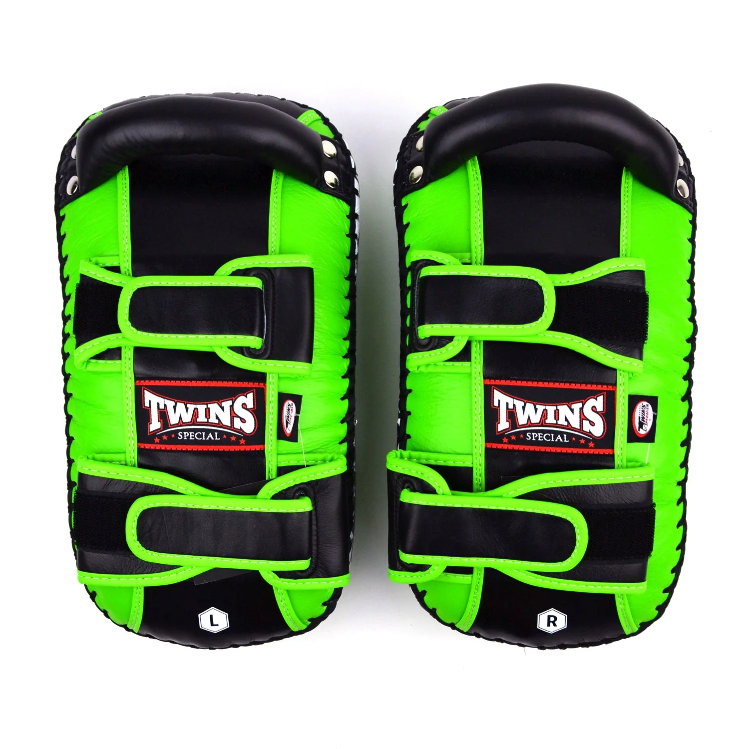KPL10 Twins Curved Leather Thai Kick Pads Green-Black - Image 2