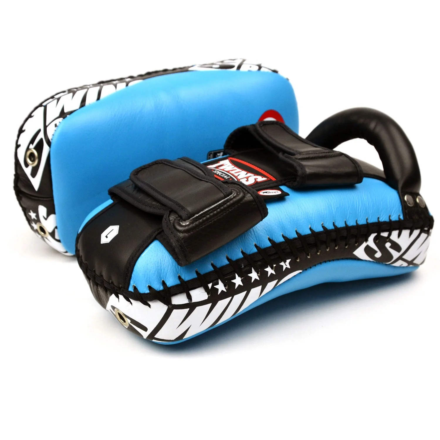 KPL10 Twins Curved Leather Thai Kick Pads Light Blue-Black - Image 3