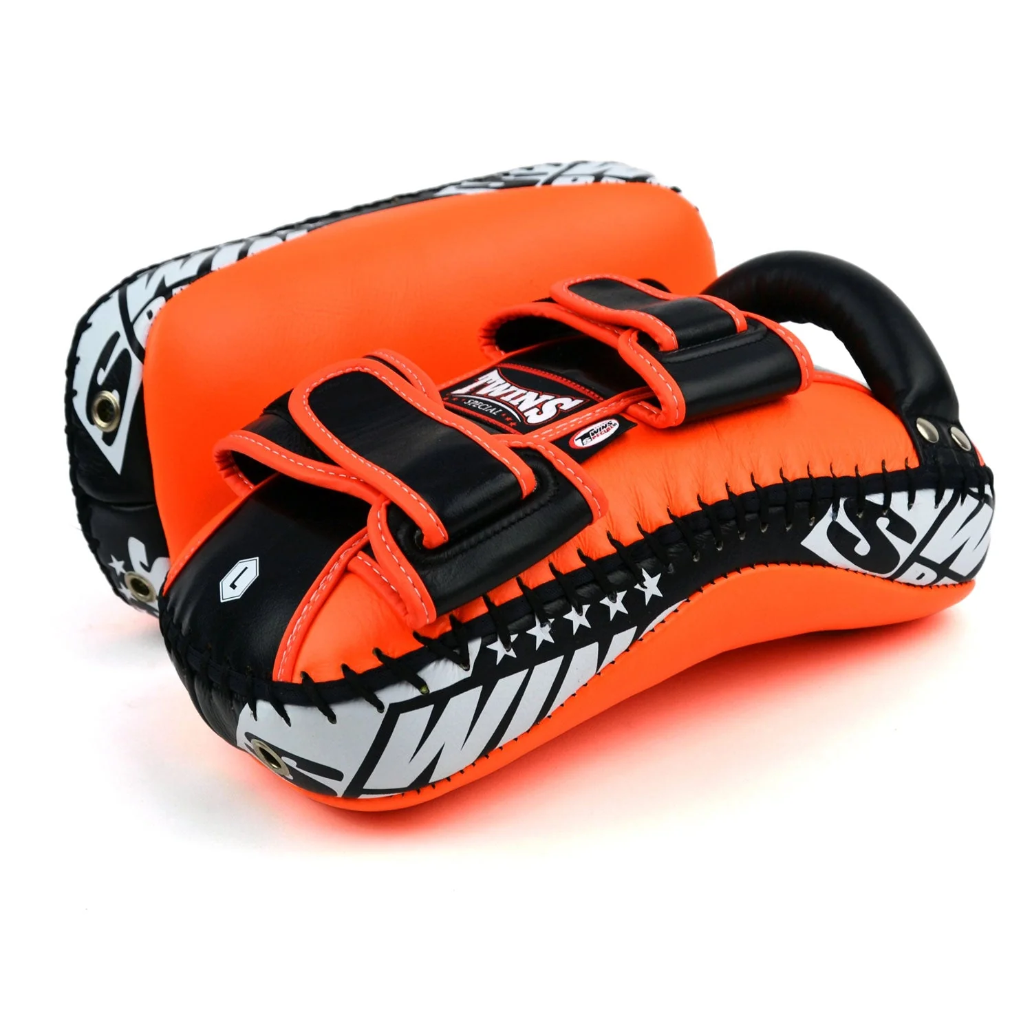 KPL10 Twins Curved Leather Thai Kick Pads Orange-Black - Image 3