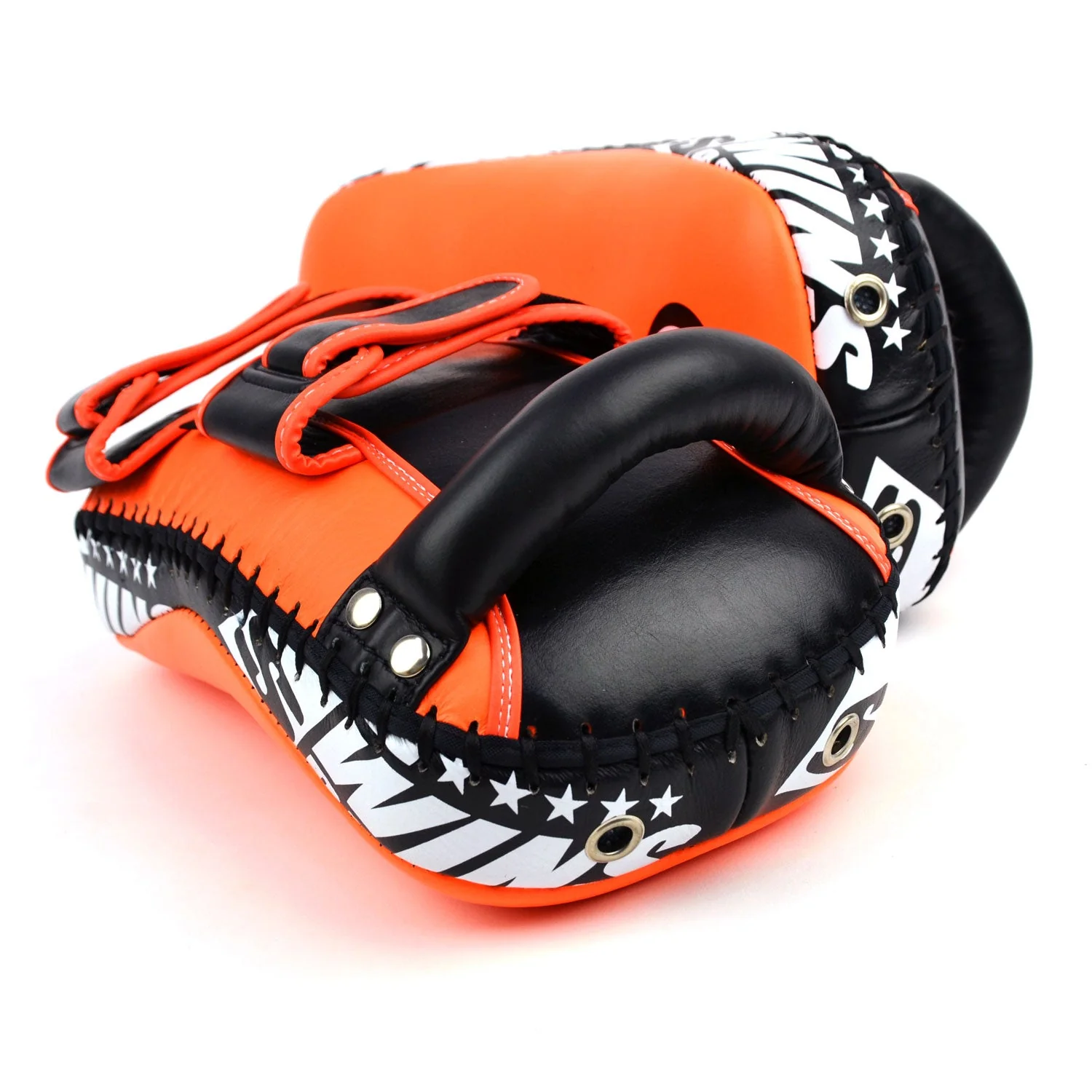 KPL10 Twins Curved Leather Thai Kick Pads Orange-Black - Image 4