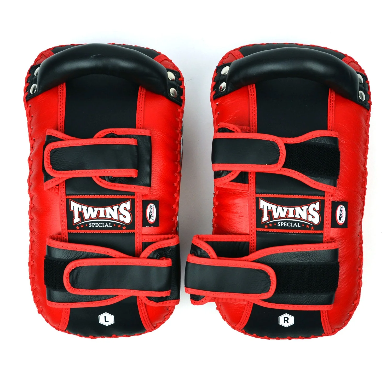 KPL10 Twins Curved Leather Thai Kick Pads Red-Black - Image 2