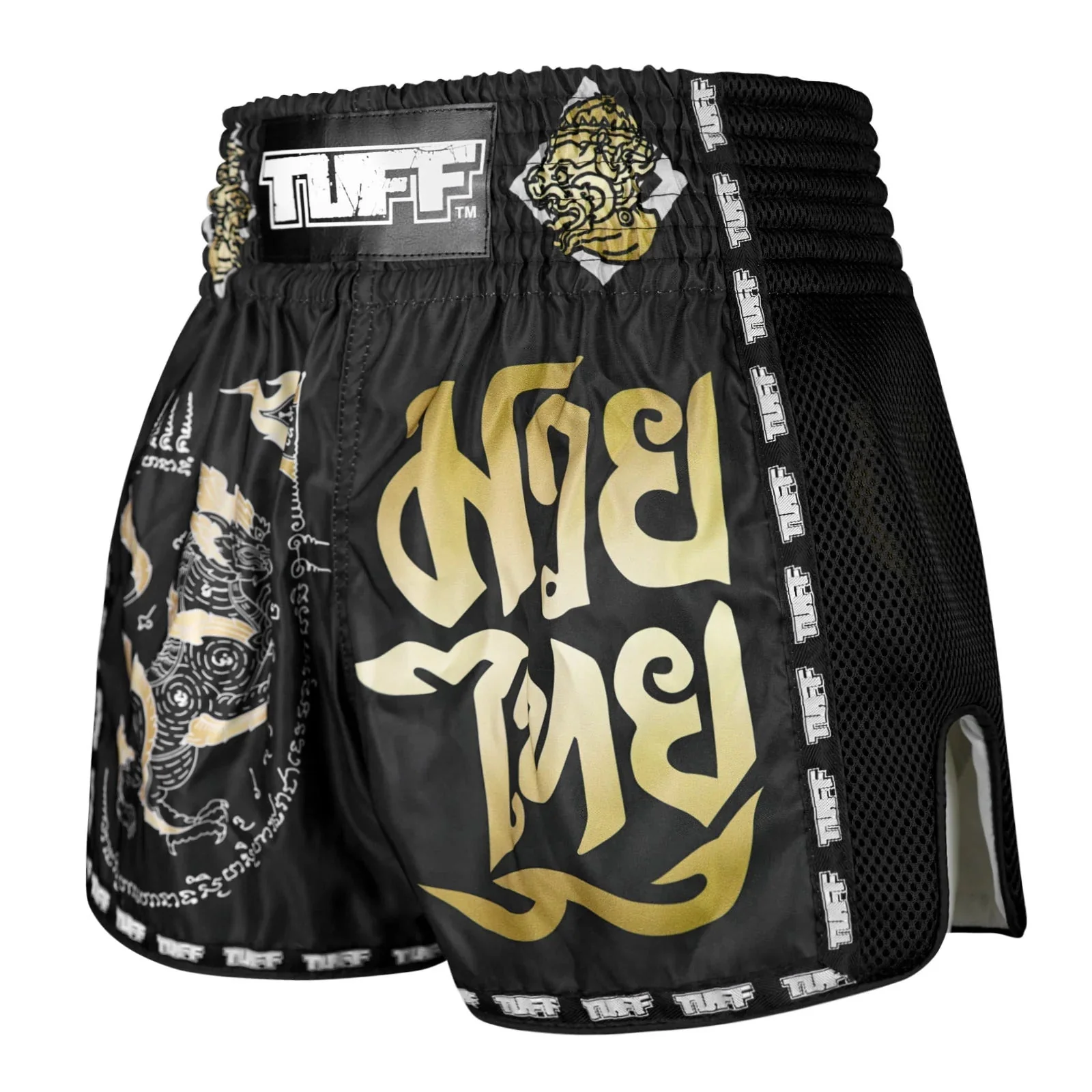 MSC117 TUFF Muaythai Shorts Retro Style Singha Yantra with War Flag - Image 2