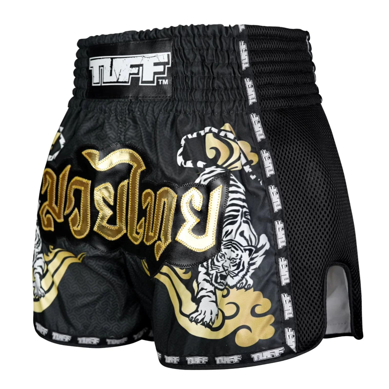 MSC120 TUFF Muaythai Shorts Retro Style Black Twin Tiger - Image 2