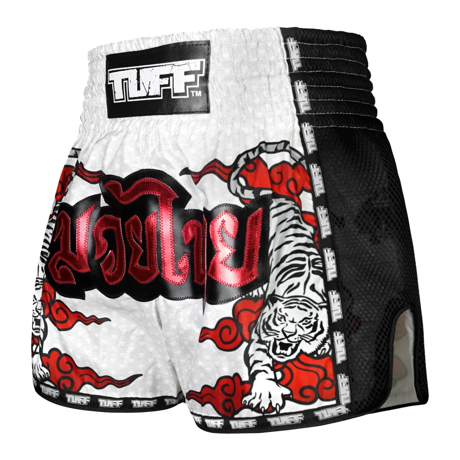 MSC121 TUFF Muaythai Shorts Retro Style White Twin Tiger - Image 2