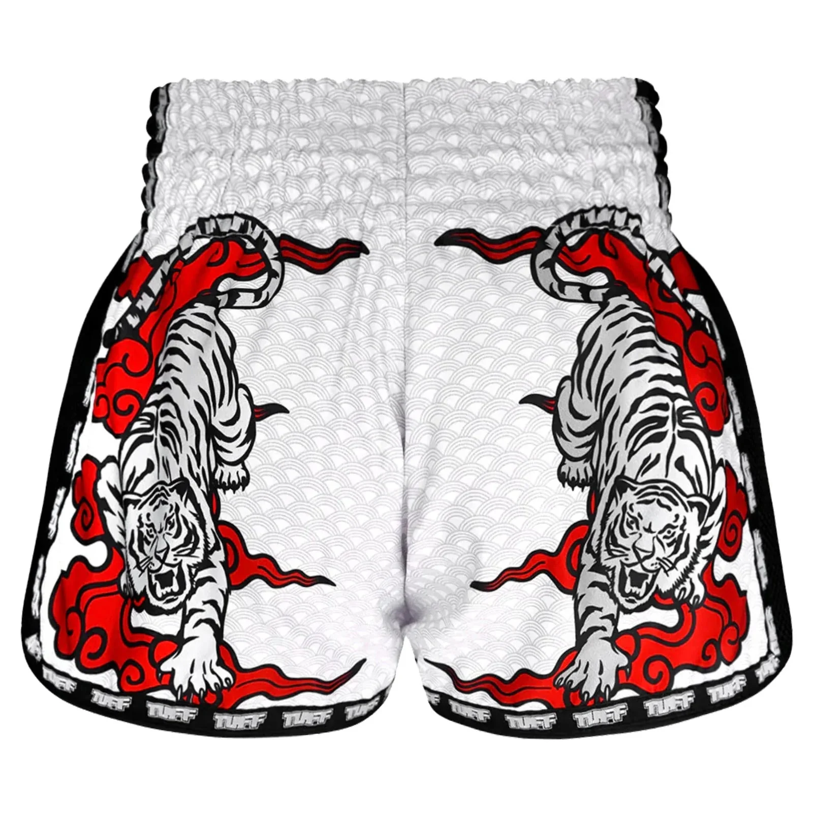 MSC121 TUFF Muaythai Shorts Retro Style White Twin Tiger - Image 3