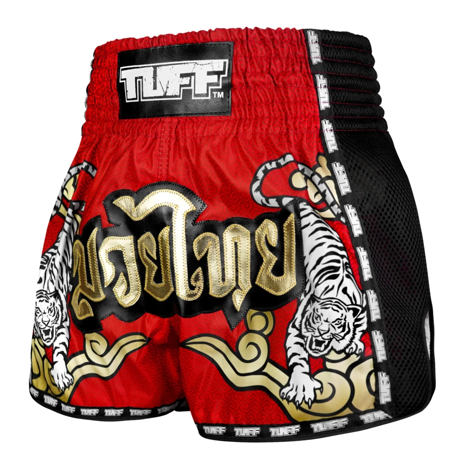 MSC122 TUFF Muaythai Shorts Retro Style Red Twin Tiger - Image 2
