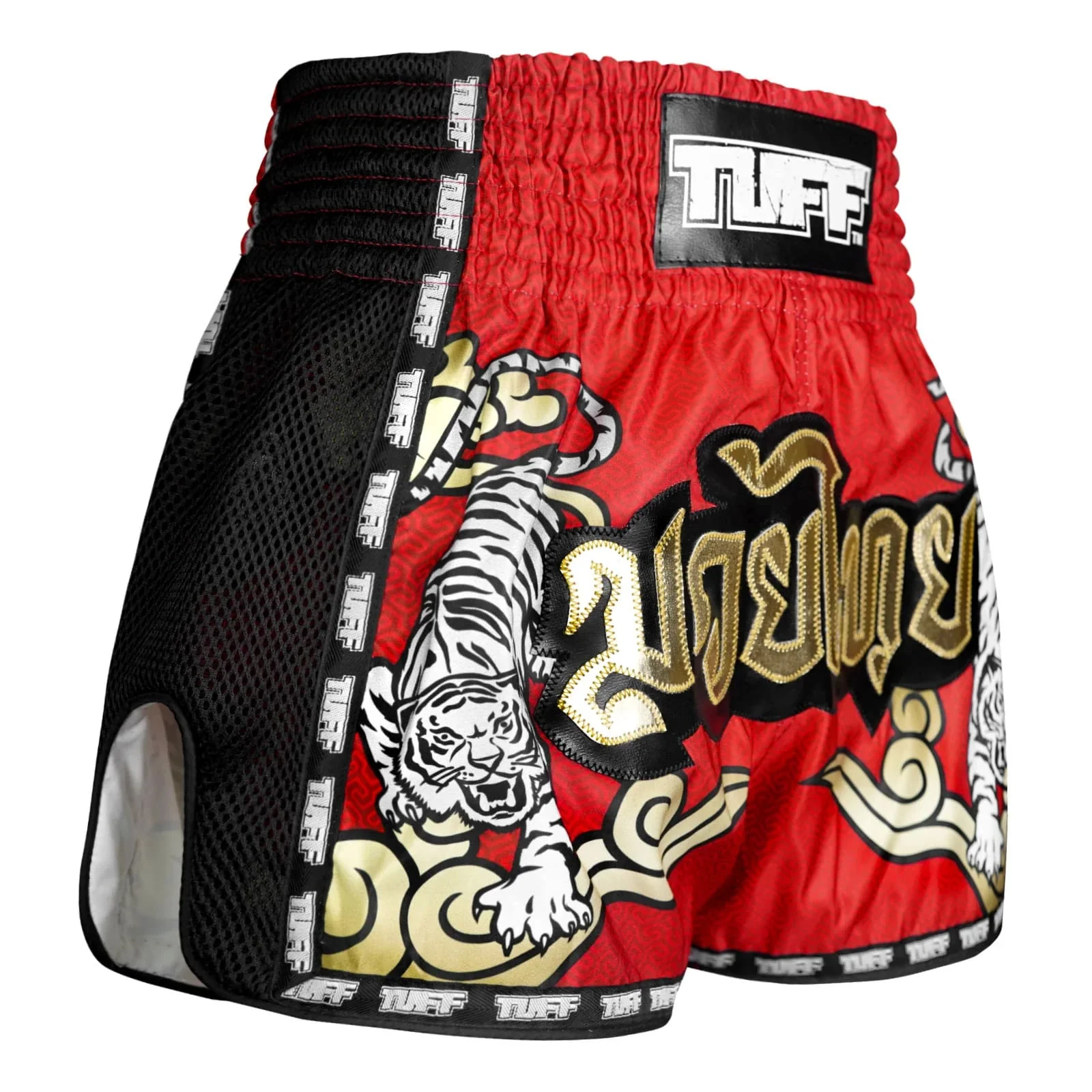 MSC122 TUFF Muaythai Shorts Retro Style Red Twin Tiger - Image 4
