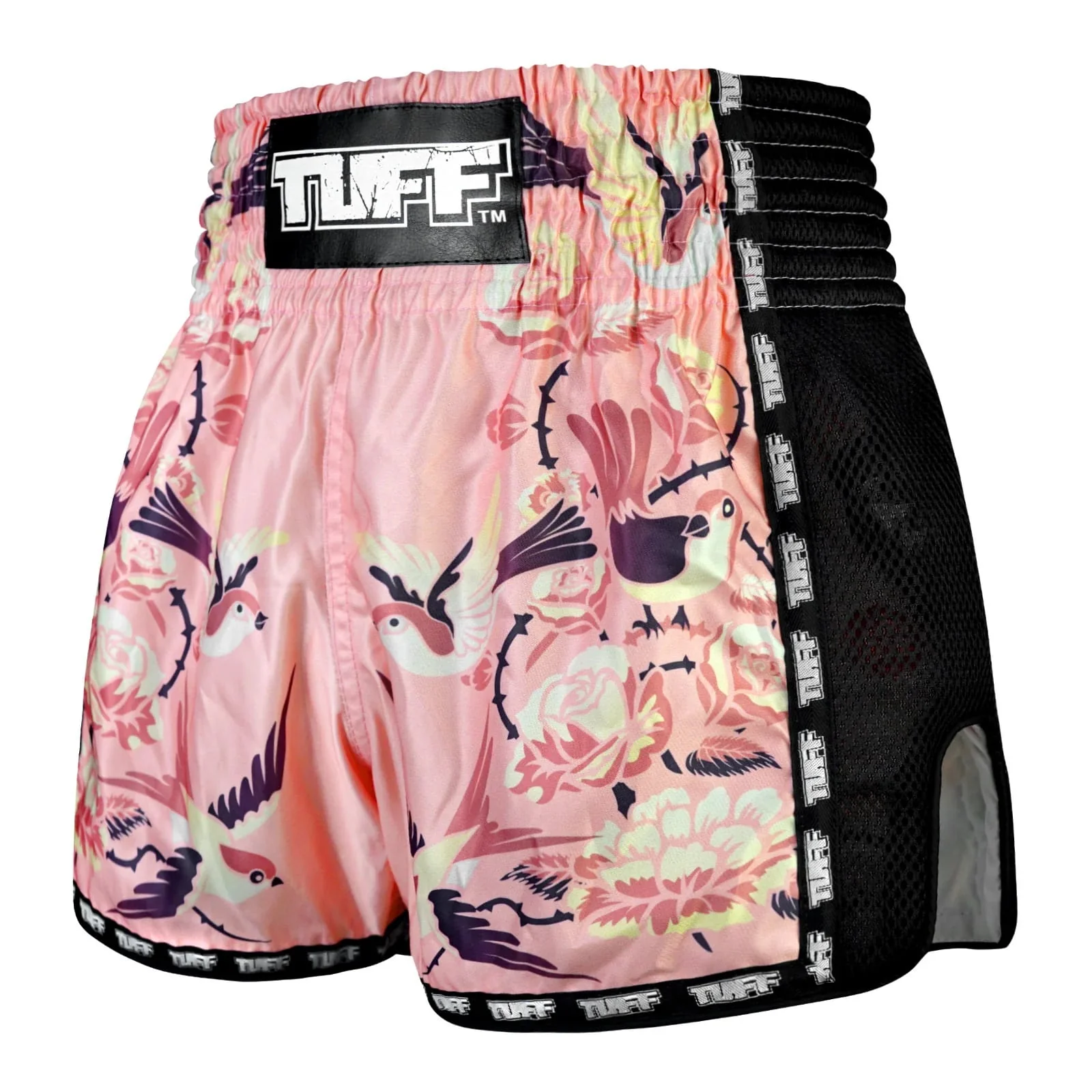 MSC123 TUFF Muaythai Shorts Retro Style Pink Birds With Roses - Image 2