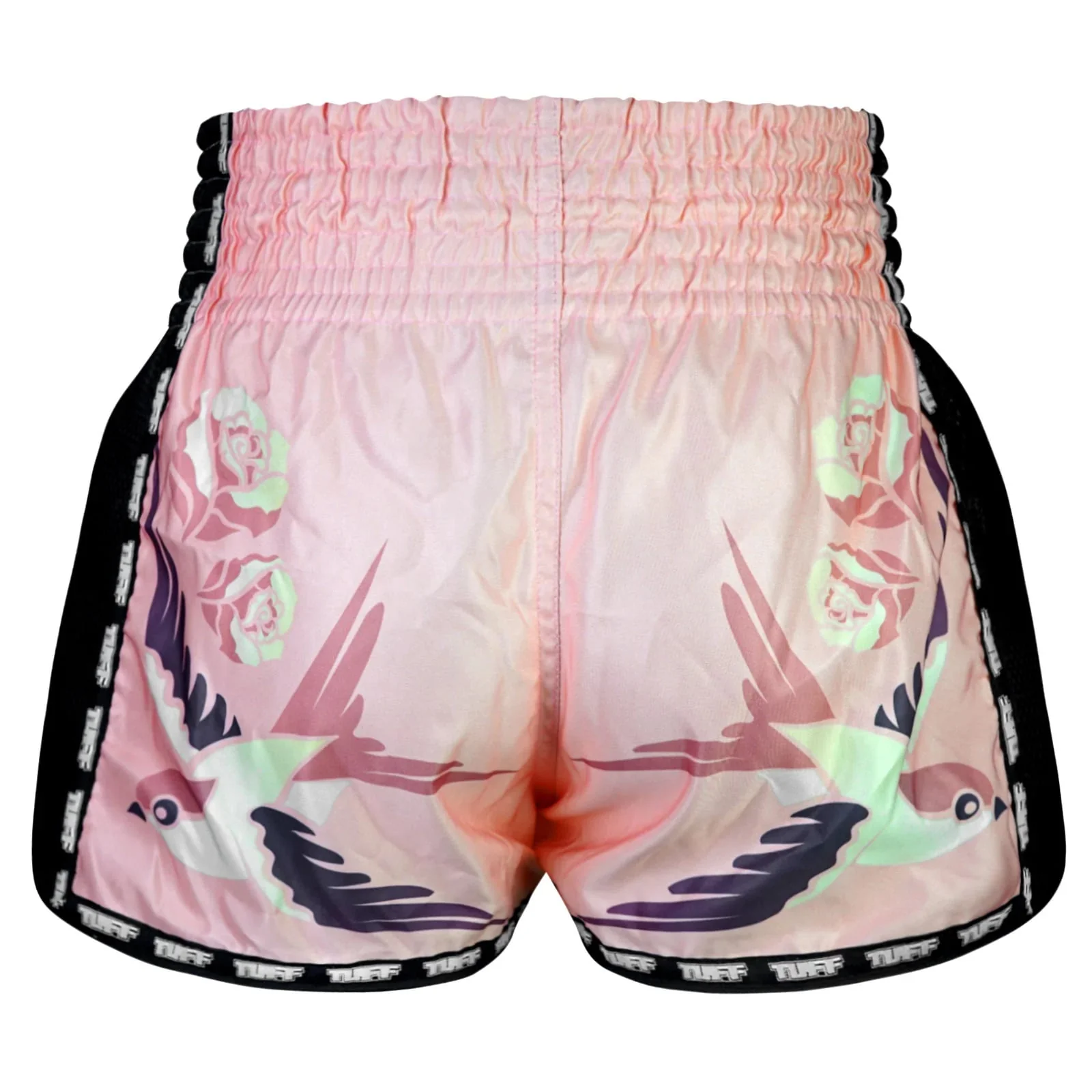 MSC123 TUFF Muaythai Shorts Retro Style Pink Birds With Roses - Image 3