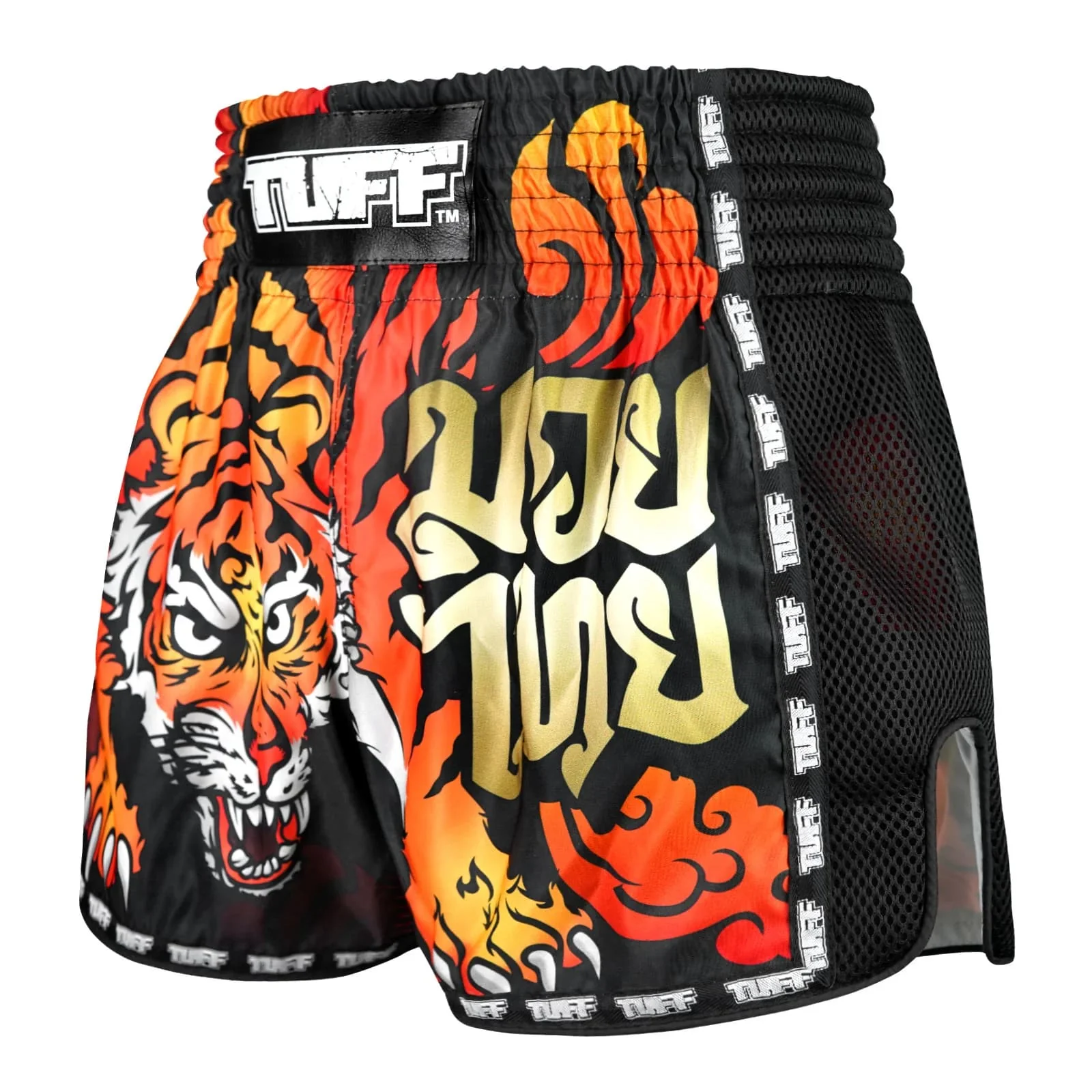 MSC125 TUFF Muaythai Shorts Retro Style Black Furious Tiger - Image 2